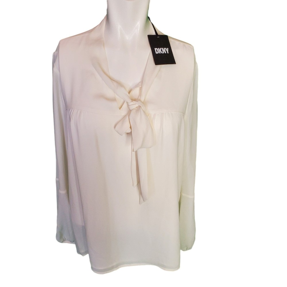 DKNY Poet Blouse Pleated Crepe Chiffon Semi-Sheer Ivory sz L NEW